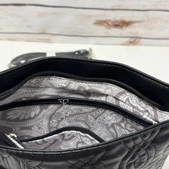 Bella Russo Quilted Crossbody Purse Black Silver Heart Tassel Hand Bag Zipper - Picture 8 of 8
